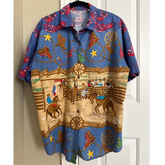 Vintage Other - Vintage Western Scene Shirt Horses Rodeo Corral 100% Cotton 24" Chest